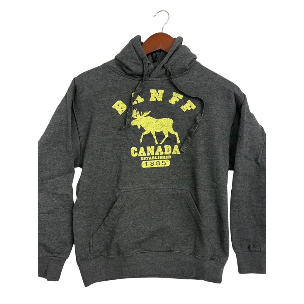 Banff Canada Moose Hoodie Mens S Gray Pullover Sweatshirt Alberta Souvenir 1885